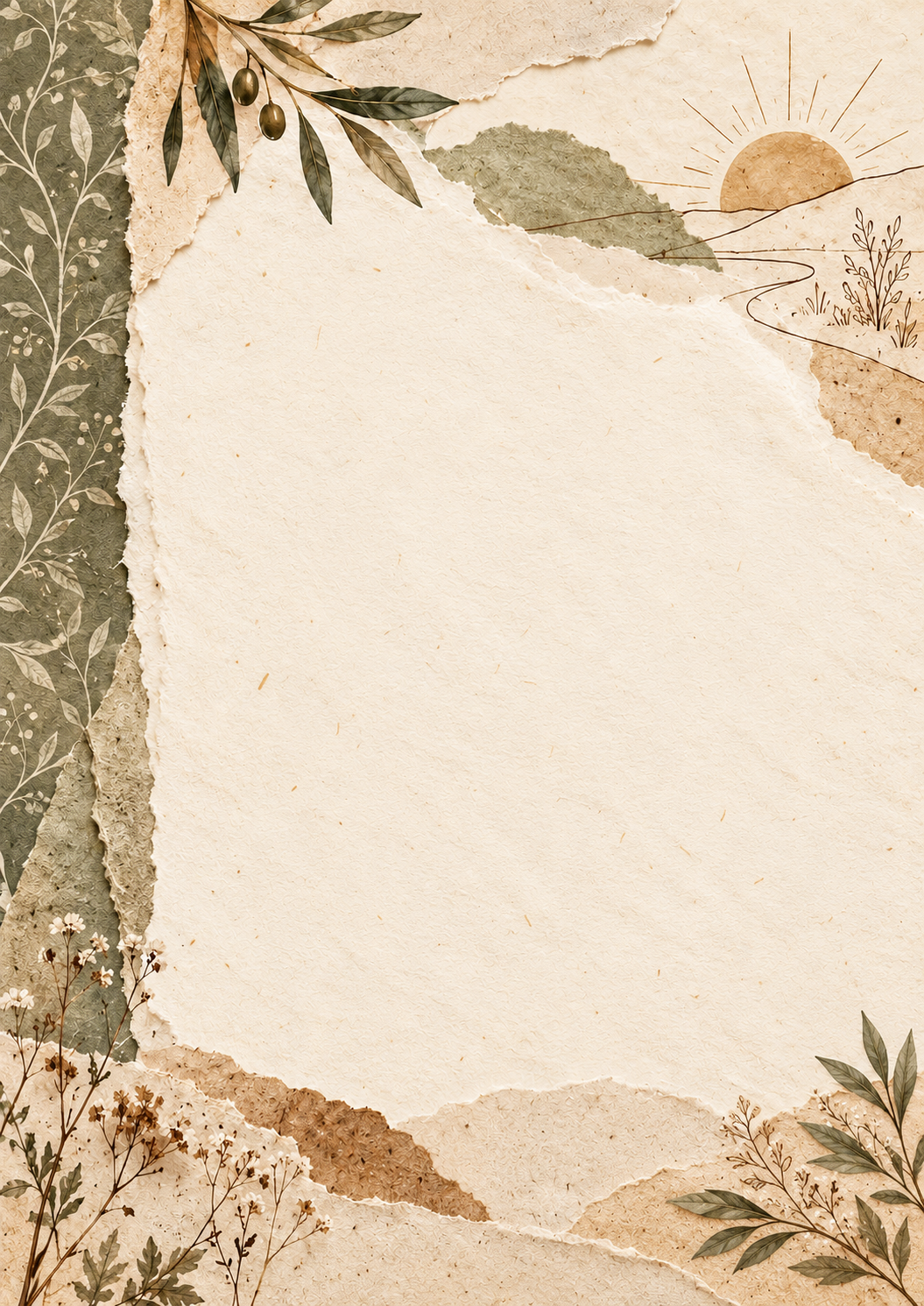 Zonnige papiercollage met olijftakken en bloemen